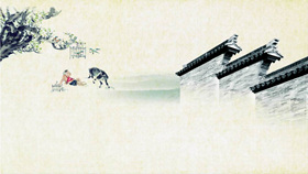 青砖院墙牧童中国风PPT背景图片